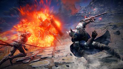 Elden Ring Nightreign screenshot with three players battling an explosive creature