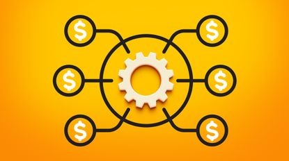 a central wooden gear is surrounded by six circles with dollar signs in them to represent financial planning and investment returns