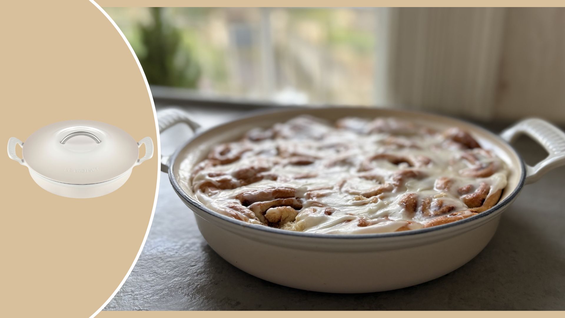 Le Creuset Modern Heritage Casserole Dish with cinnamon buns in on a brown background with the Le Creuset Modern Heritage Casserole Dish on the left