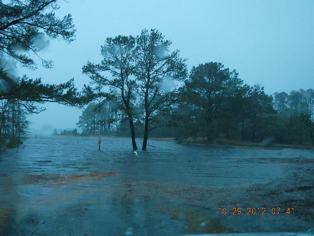 The storm surge from Hurricane Sandy leaves much of Chincoteague National Wildlife Refuge under water, including this boat ramp along the Assateague Channel. 