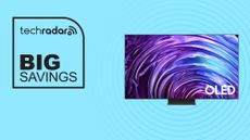 Samsung s95d TV on blue background with big savings text overlay