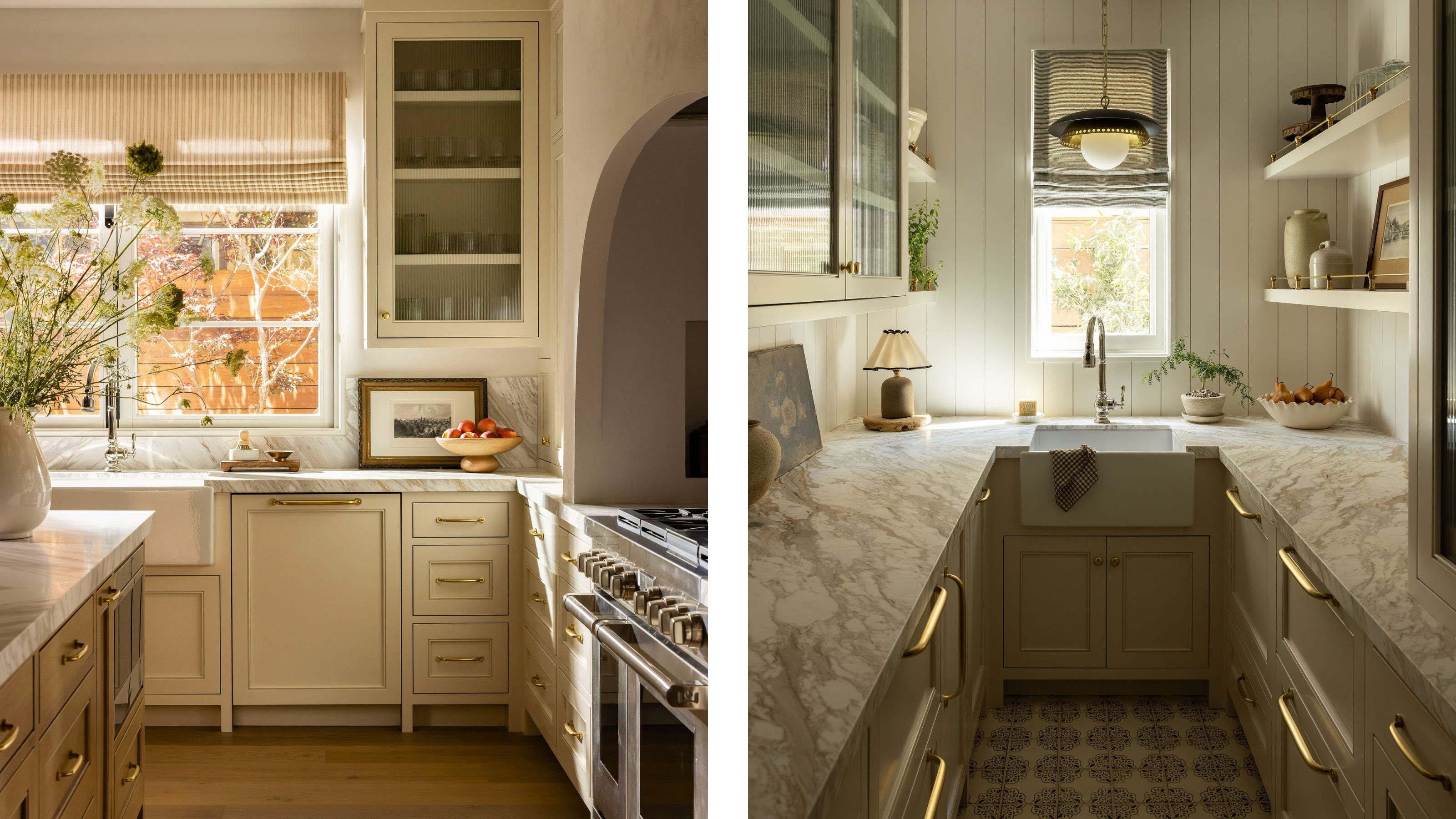 two side by side images of a neutral kitchen and soft green pantry