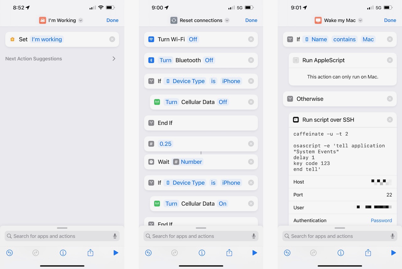 Screenshot of the linked Device Setup shortcuts.