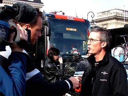 Team CSC's Scott Sunderland is interviewed by TV before the start.