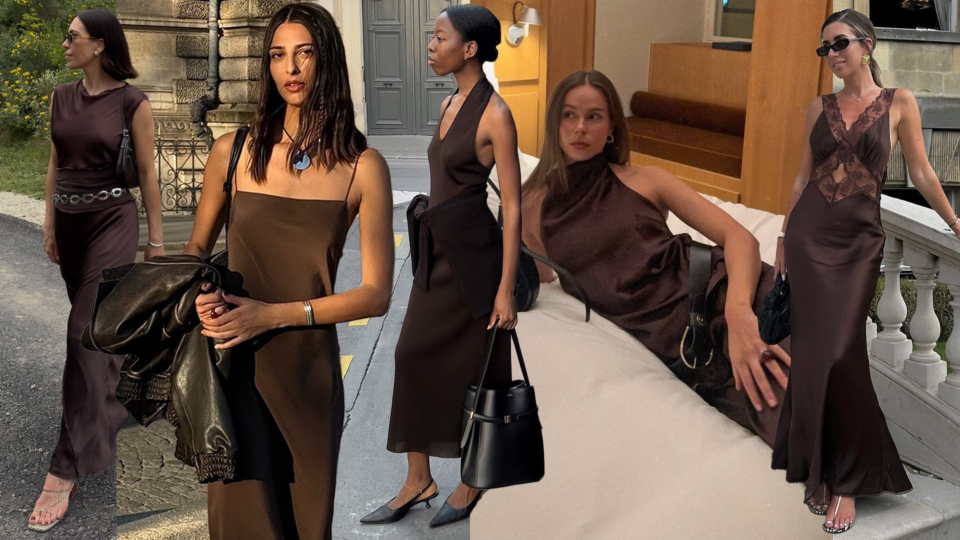 Fashion collage of style influencers Jessica Skye, Salome Mory, Sylvie Mus, Johanna Lager, and Hannah Lewis wearing chic outfits with brown dresses.