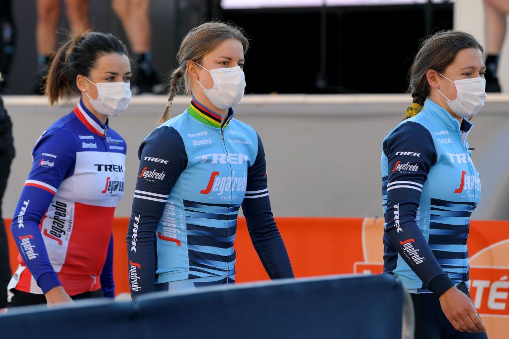 DOUR BELGIUM MARCH 02 Start Audrey CordonRagot of France Amalie Dideriksen of Denmark Lauretta Hanson of Australia and Trek Segafredo during the 10th Le Samyn des Dames 2021 Womens Elite a 925km race from Quaregnon to Dour Mask Covid safety measures Team Presentation GPSamyn on March 02 2021 in Dour Belgium Photo by Luc ClaessenGetty Images