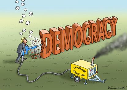 Political cartoon U.S. Trump democracy Cambridge Analytica data democracy Facebook