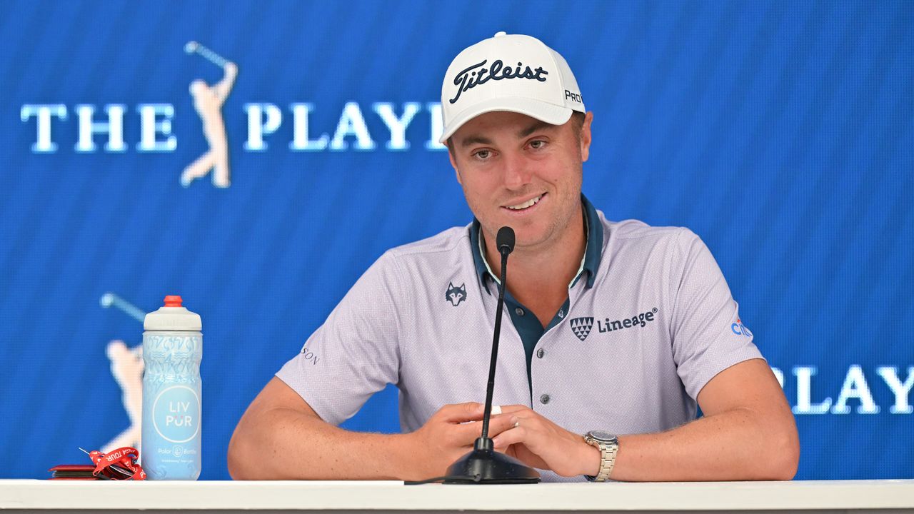 Justin Thomas talks to the media ahead of the 2023 Players Championship at TPC Sawgrass