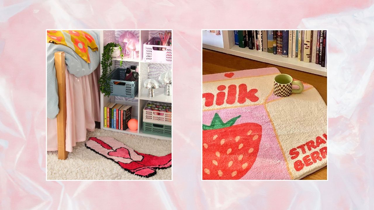 Two pictures of cute rugs on a pink background