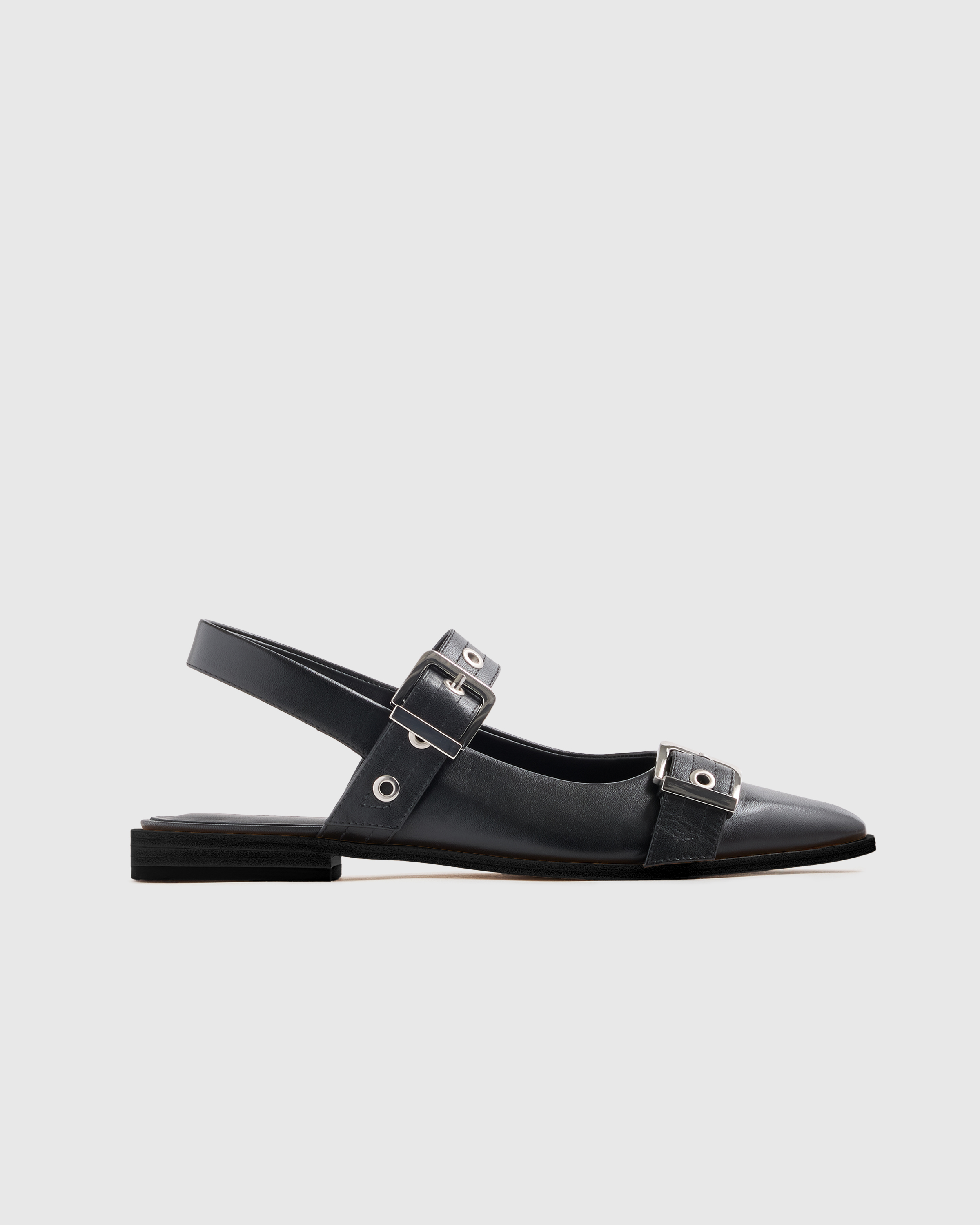 Italian Leather Bold Buckle Slingback Flat in Black