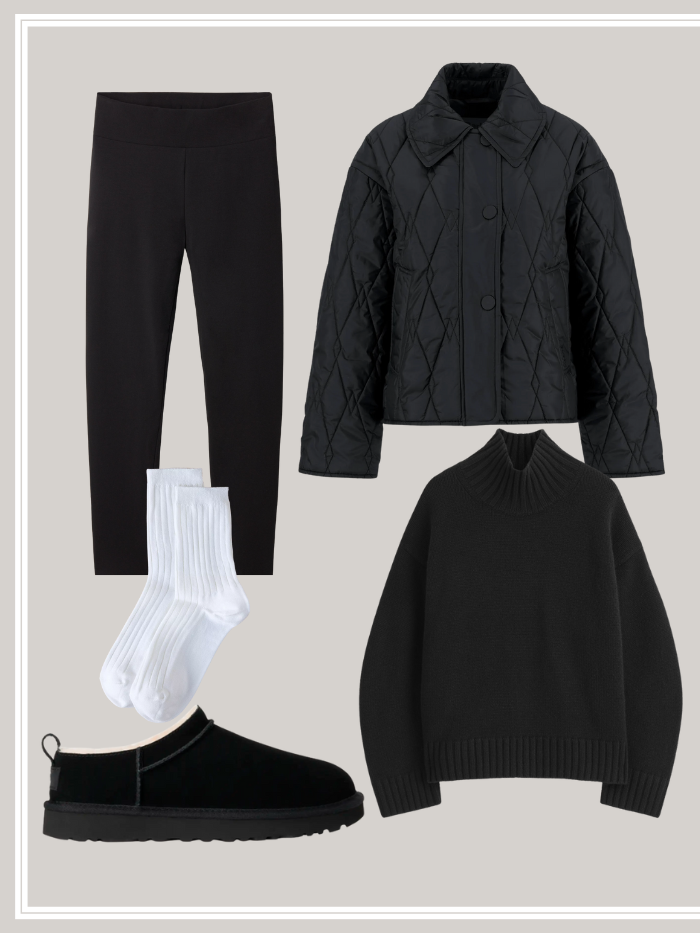 A fleece lined tight flat lay. There is a black quilted coat, black turtle neck jumper, black micro UGGS white sock and blacked fleece lined leggings.