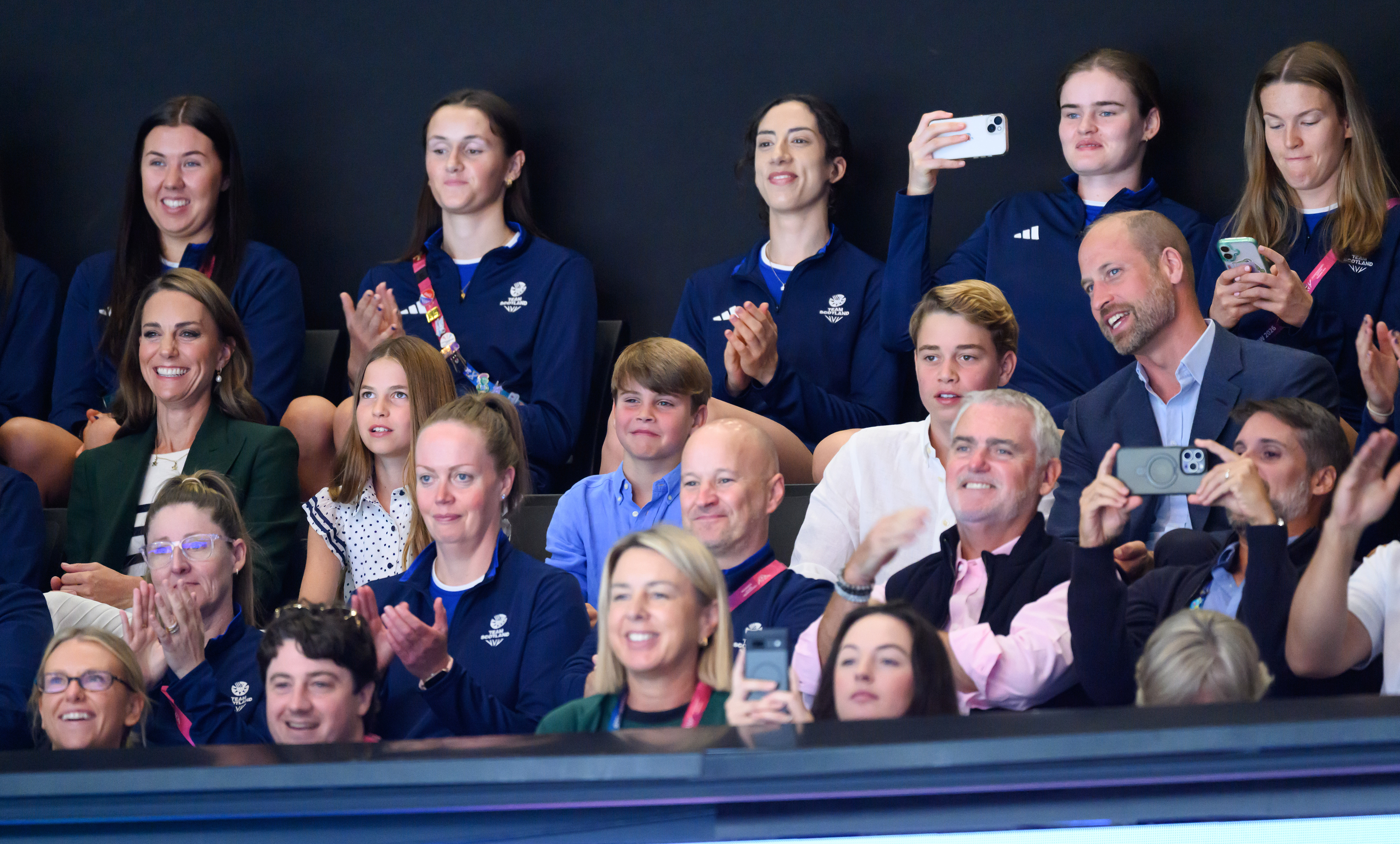 Princess Kate, Princess Charlotte, Prince Louis, Prince George and Prince William sitting in a row at the Commonwealth Games 2026
