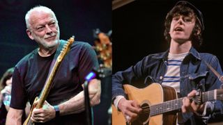 LEFT: David Gilmour joins Richard Thompson on stage at his 70th Birthday Celebration Show the Royal Albert Hall on September 30, 2019 in London, England. RIGHT: Scottish singer and musician Donovan, playing a Martin acoustic guitar, performs on the music television series Ready Steady Go! at Kingsway studios in London in April 1965.