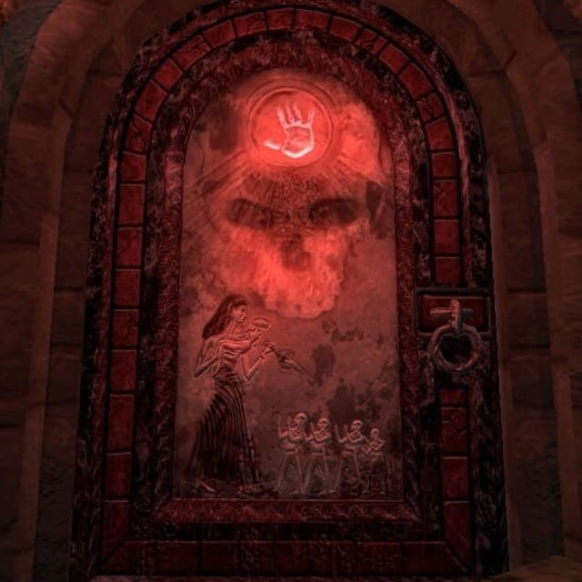 The original entrance to the Dark Brotherhood sanctuary from Oblivion, showing the Night Mother and five children.