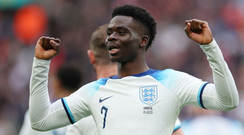 Bukayo Saka celebrates after scoring England&#039;s second goal against Ukraine in March 2023.