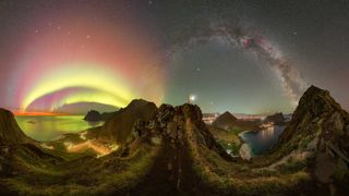 Yellow and green northern lights over the Lofoten Islands, Norway.
