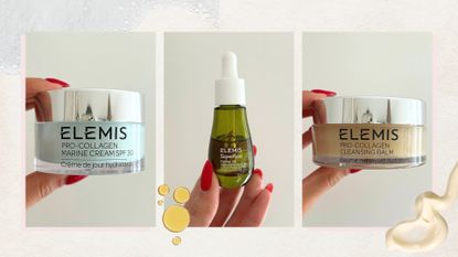 Trio of images of hand holding ELEMIS skincare products, on a beige background with cream and oil swatches