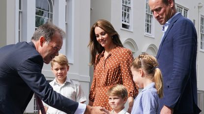Prince William, Kate Middleton, Prince George, Princess Charlotte, and Prince Louis at their first day of school at Lambrook
