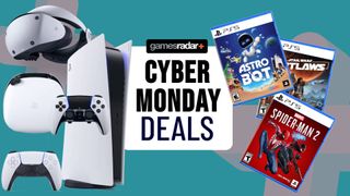 Cyber Monday Deals badge surrounded by PSVR 2, PS5 Slim, Dualsense, Dualsense Pro, Astro Bot, Star Wars Outlaws, and Spider-Man 2