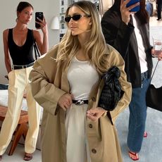 fashion collage of influencers Tylynn Nguyen, Frederika Ekerot, and Mimi Nguyen posing in chic luxe-looking outfits with pieces like trousers, trench coat, belts, trendy black bags, jeans, and more.