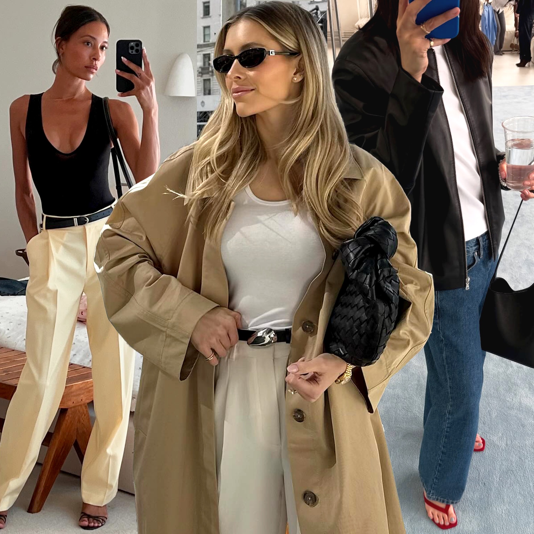 fashion collage of influencers Tylynn Nguyen, Frederika Ekerot, and Mimi Nguyen posing in chic luxe-looking outfits with pieces like trousers, trench coat, belts, trendy black bags, jeans, and more.