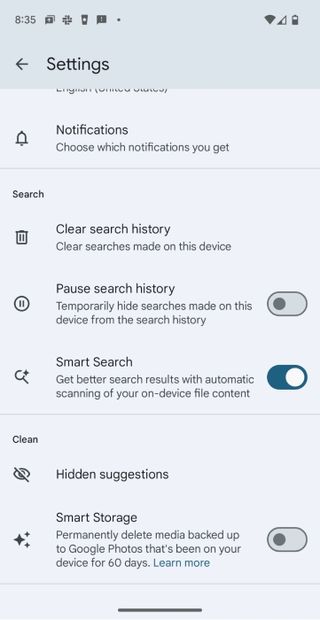 Smart Search toggle in the Files by Google app