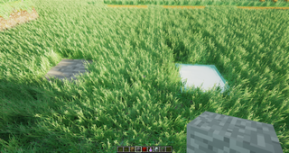 Ultra realistic grass texture pack in Minecraft next to two vanilla blocks
