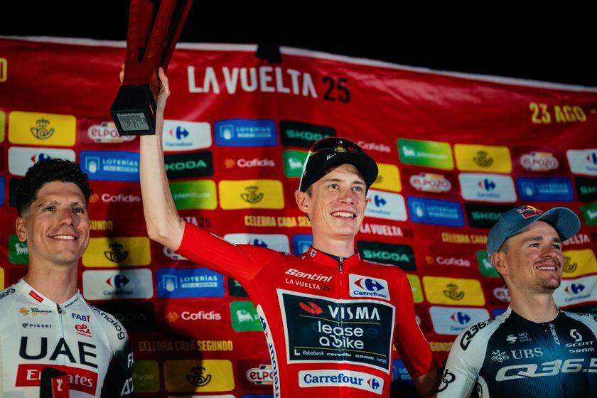 Jonas Vingegaard during the improvised Vuelta podium ceremony