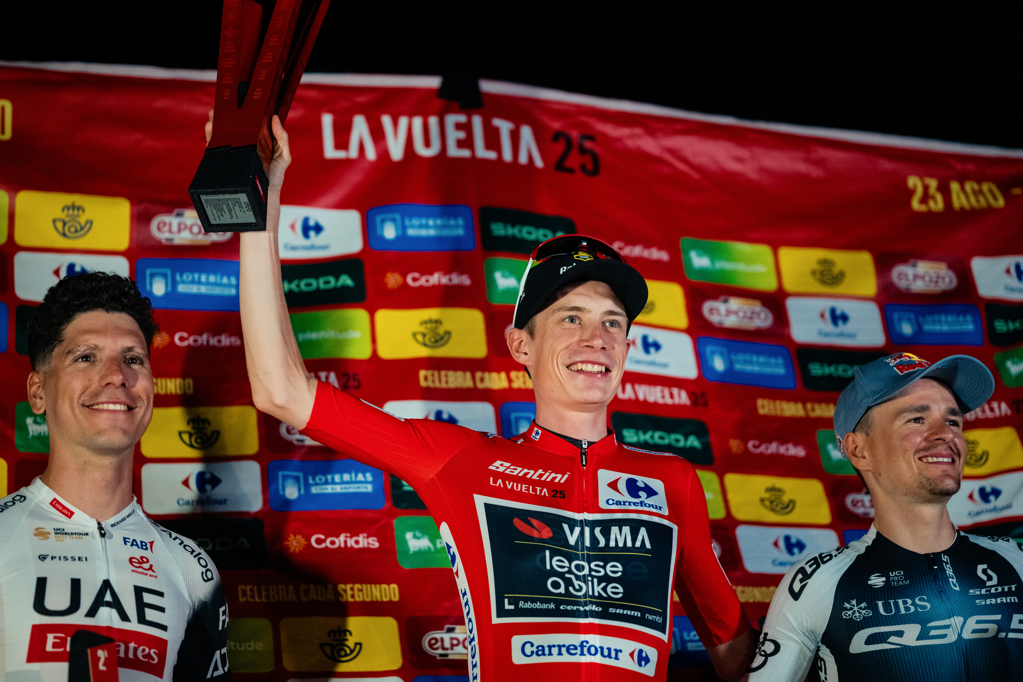 Jonas Vingegaard during the improvised Vuelta podium ceremony