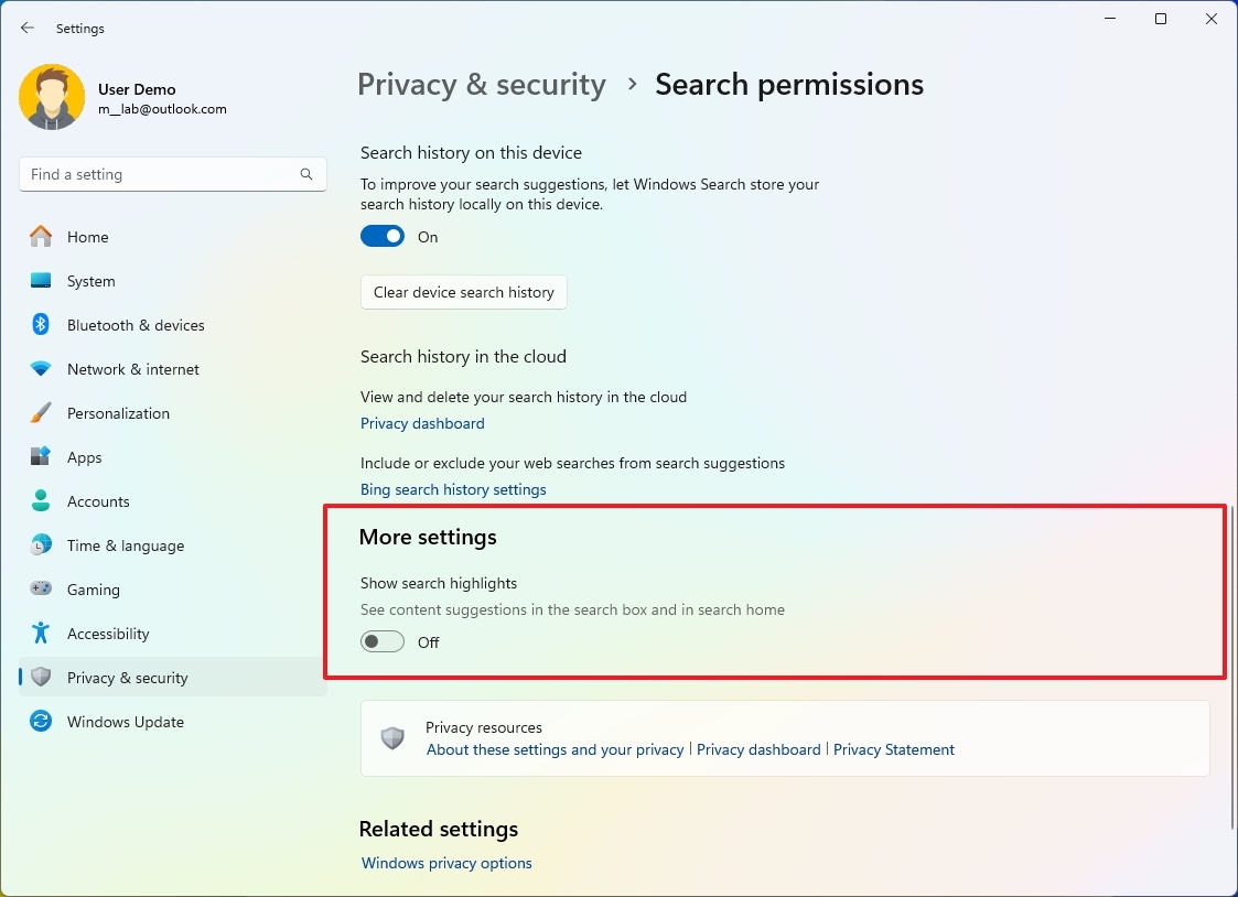 Windows 11 disable search highlights