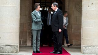Britain's Princess Anne, Princess Royal, is welcomed by Cyprus' President Nicos Anastasiades at the Presidential palace in Nicosia, during an official visit on January 11, 2023.