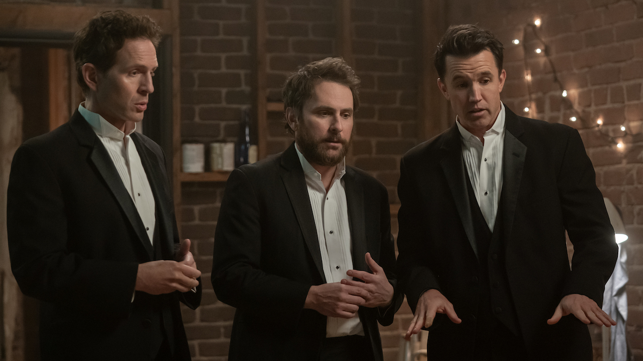 Dennis, Charlie and Mac wearing tuxes without ties in It's Always SUnny in Philadelphia Season 17