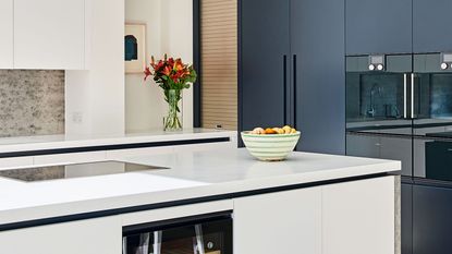 white and dark blue kitchen with island