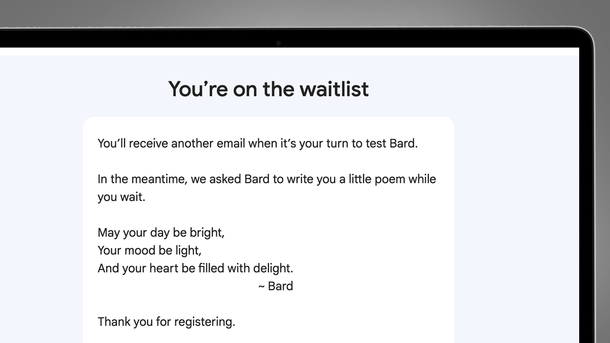 A laptop on a grey background showing the Google Bard waitlist