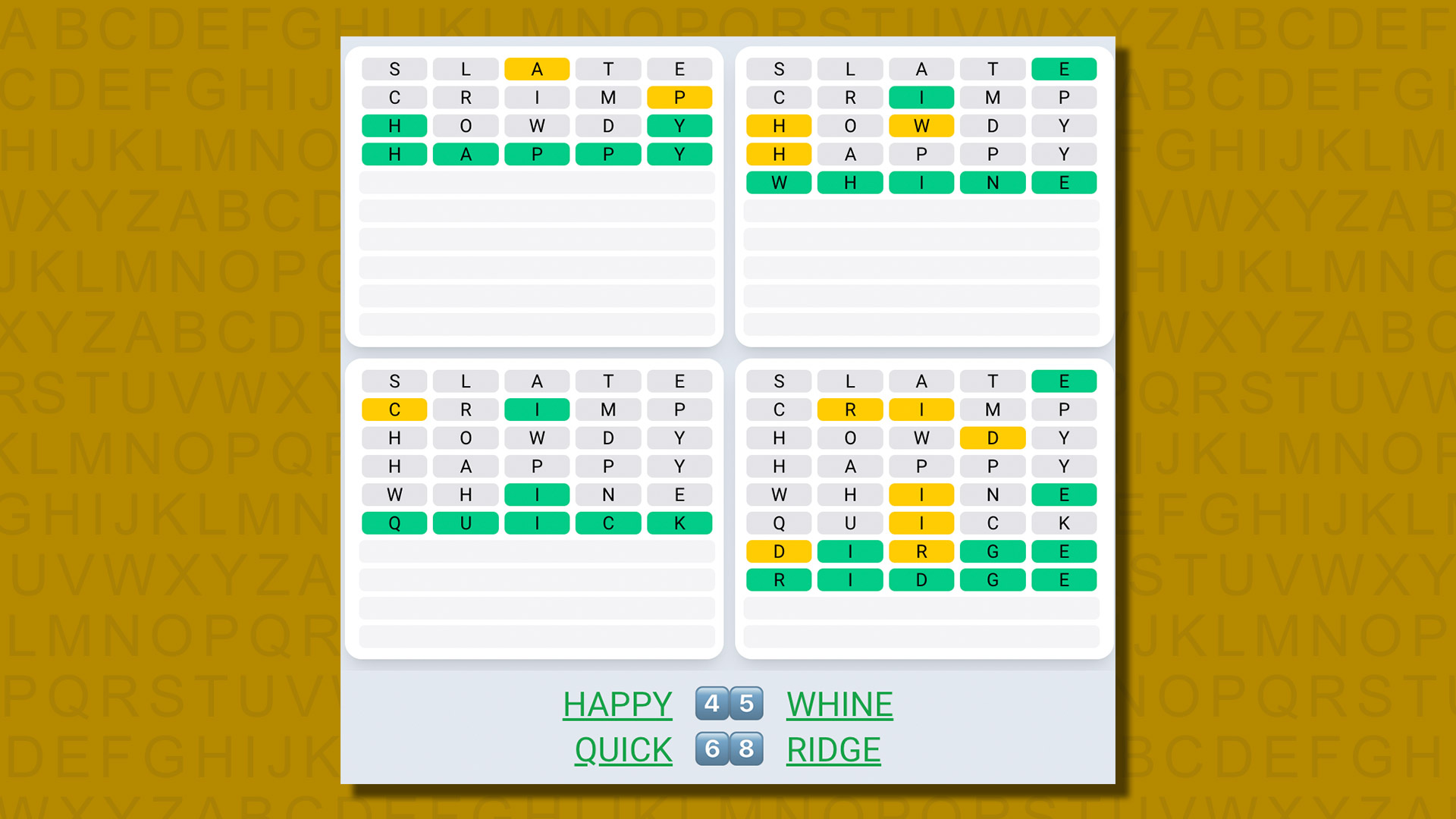 Quordle daily sequence answers for game 581 on a yellow background