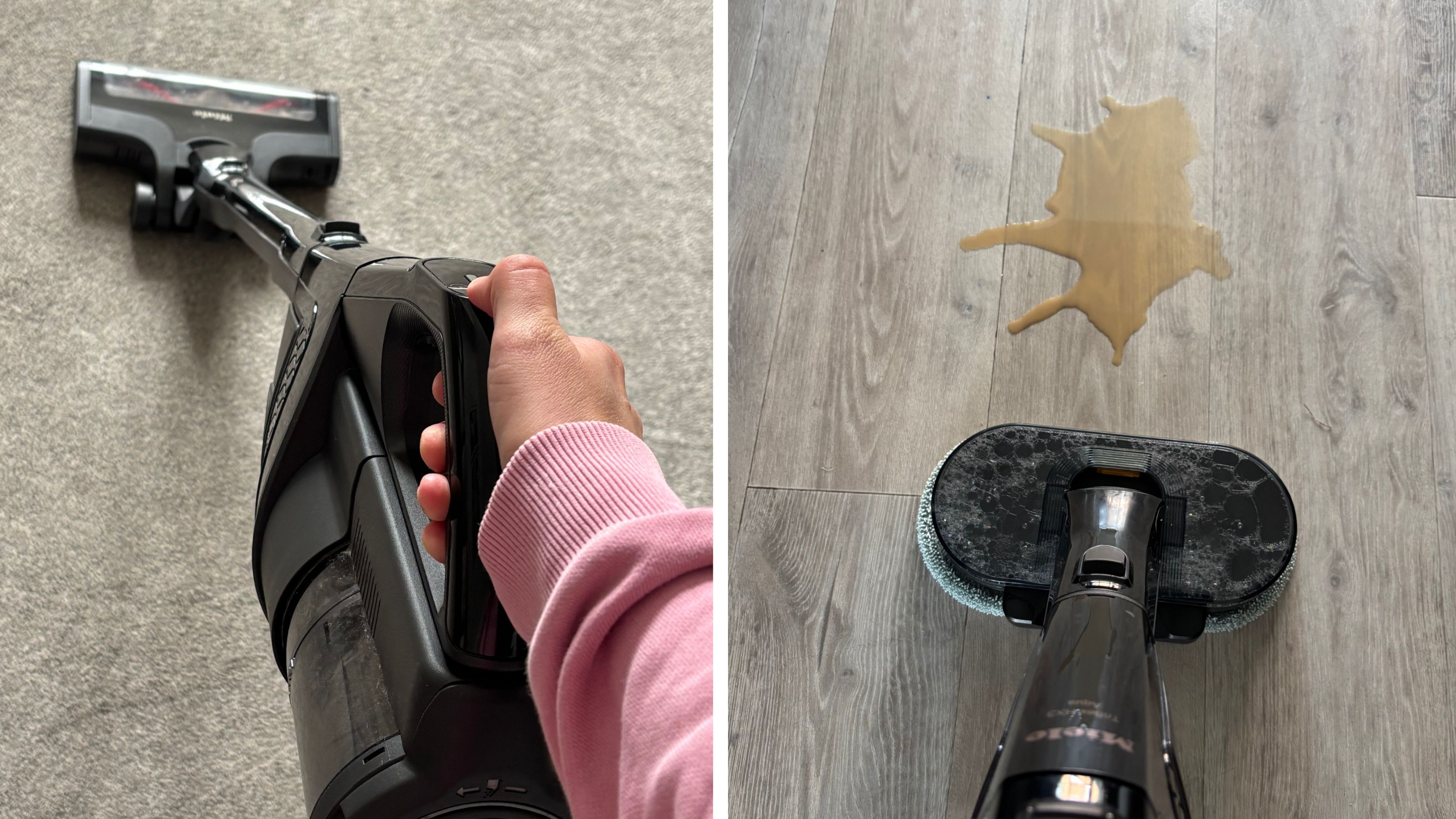 Hand using a black Miele vacuum to clean grey carpets on the left, and using the mop function to clean up a spill on the right