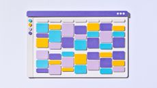 A stylized graphic showing calendar blocks in a computer window, on a pale lavender background.