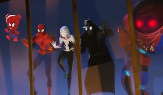 Spider-Ham Spider-Man Spider-Gwen Spider-Noir and SP//dr look through a window in in Spider-Man: Int