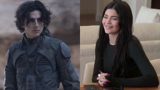 From left to right: A press image of Timothèe Chalamet in Dune and a press image of Kylie Jenner smiling in The Kardashians.