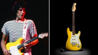 Jeff Beck performs onstage (left), a Graffiti Yellow Strat once owned by Jeff Beck