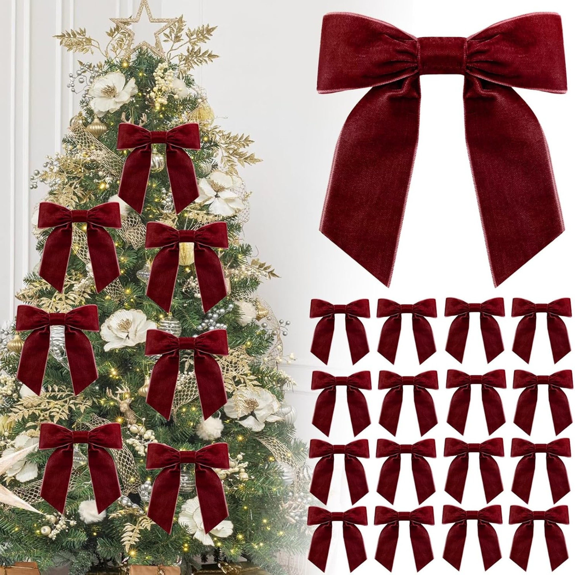 16P Christmas Burgundy Velvet Ribbon Gift Bows