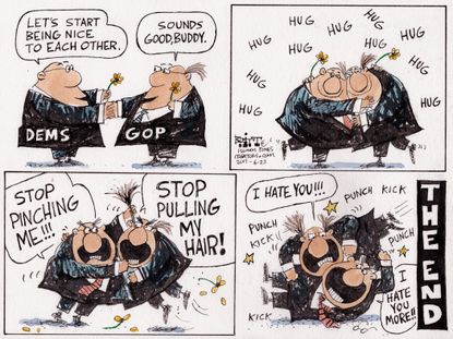 Political cartoon U.S. GOP Democrats hug fighting