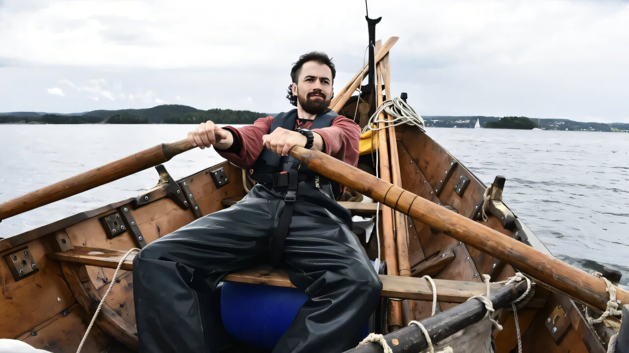 A man with light skin and dark hair and beard leans back in a wooden boat, rowing with oars into the sea
