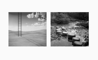 Side by side square images. Left: A landscape with a ladder. Right: Large stepping stones over a lake.
