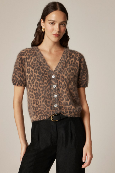jcrew, Brushed Cashmere Short-Sleeve Cardigan in Leopard Print