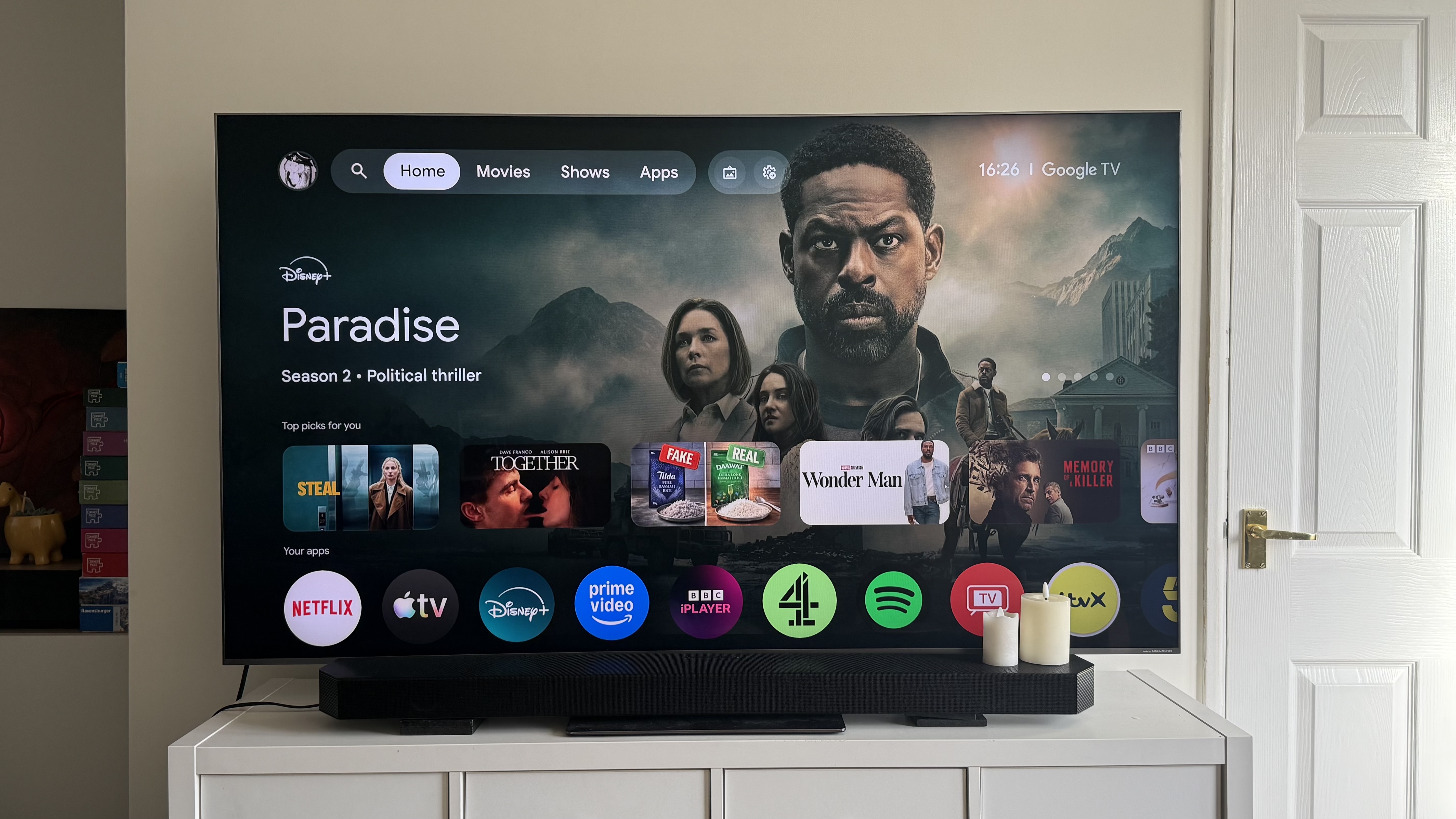 The TCL C8K and Samsung HW-Q800D featuring the Disney thriller Paradise.