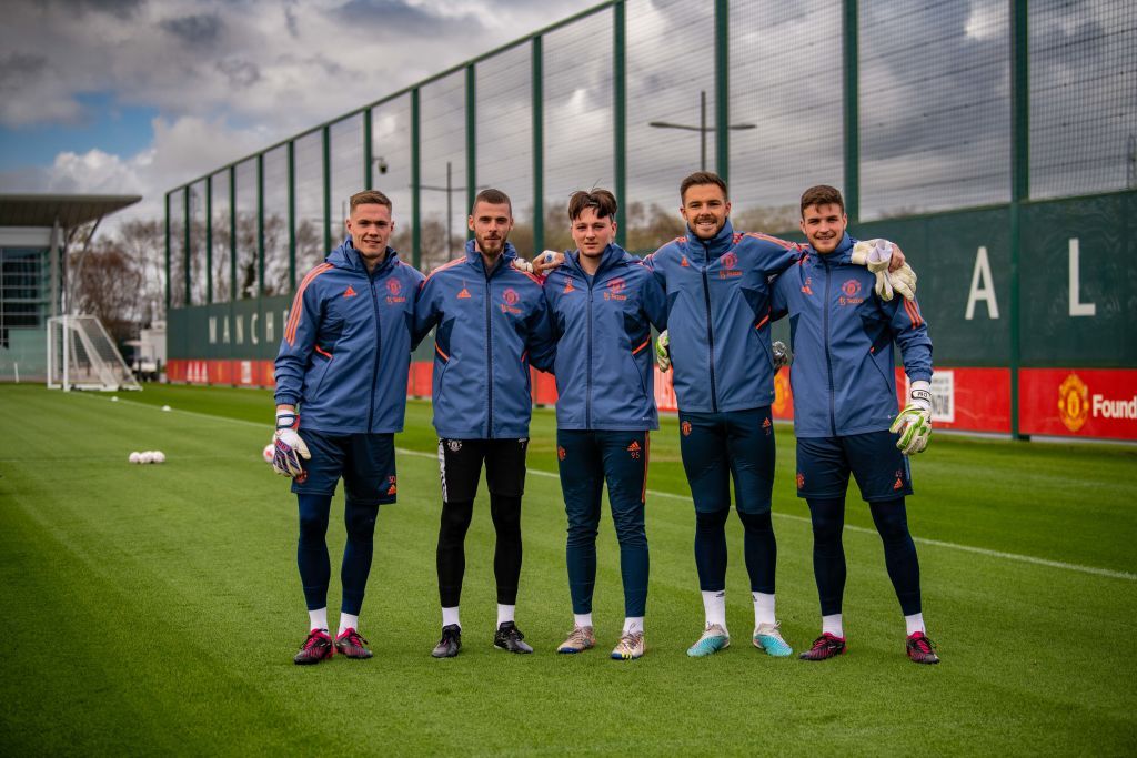 MANCHESTER, ENGLAND - MARCH 30: (EXCLUSIVE COVERAGE) Nathan Bishop, David de Gea, Elyh Harrison, Jack Butland, Dermot Mee of Manchester United in action during a first team training session at Carrington Training Ground on March 30, 2023 in Manchester, England. (Photo by Ash Donelon/Manchester United via Getty Images)