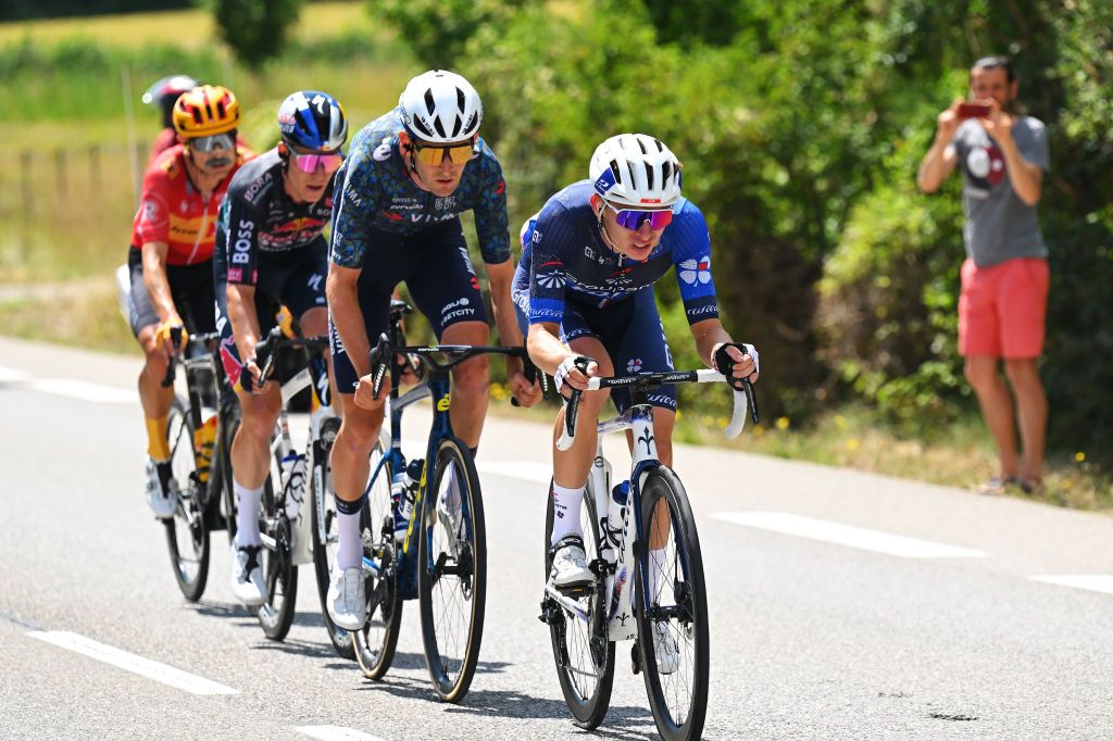 SUPERDEVOLUY LE DEVOLUY FRANCE JULY 17 LR Magnus Cort of Denmark and Team UnoX Mobility Bob Jungels of Luxembourg and Team Red Bull BORA hansgrohe Tiesj Benoot of Belgium and Team Visma Lease a Bike and Romain Gregoire of France and Team Groupama FDJ competes in the breakaway during the 111th Tour de France 2024 Stage 17 a 1778km stage from SaintPaulTroisChateaux to Superdevoluy 1500m UCIWT on July 17 2024 in Superdevoluy Le Devoluy France Photo by Tim de WaeleGetty Images