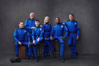 Blue Origin's New Shepard 19 (NS-19) crew, from left to right: Dylan Taylor, Lane Bess, Cameron Bess, Laura Shepard Churchley, Michael Strahan and Evan Dick.