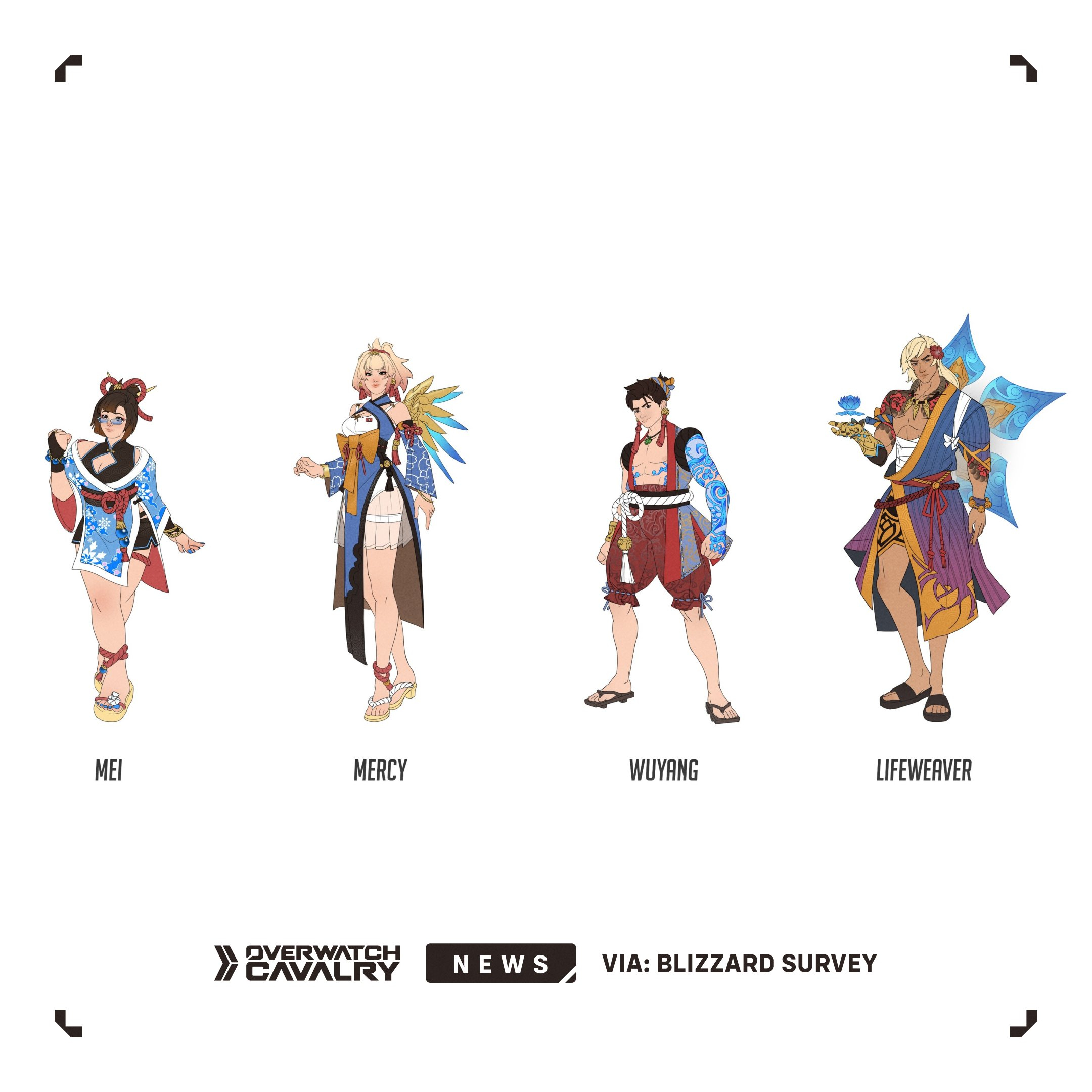 Overwatch survey skins: The Sacred Springs concept theme, showing sketches of various potential skins.